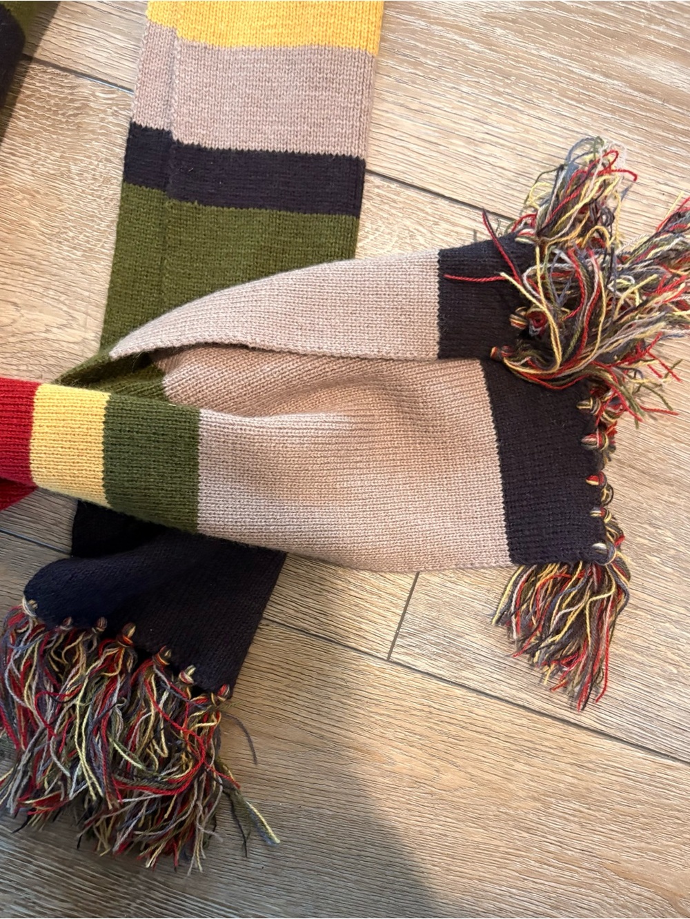 Striped Knit Men's Scarf in Olive, Red & Yellow - Picture 4 of 4